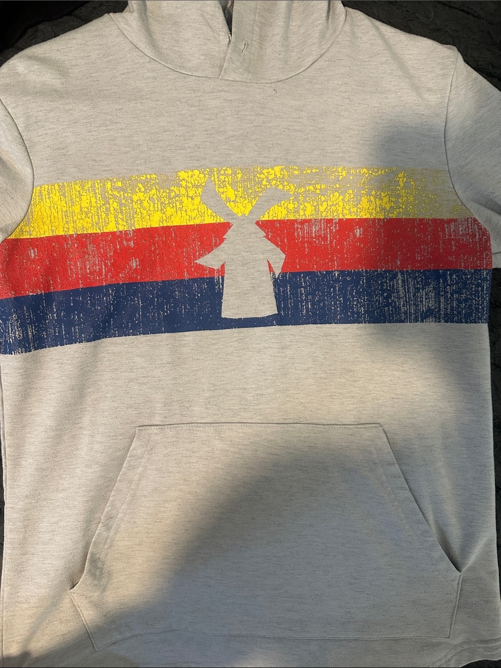 Dutch Bros Light Gray Hoodie with Yellow-Red-Blue Stripe Graphic